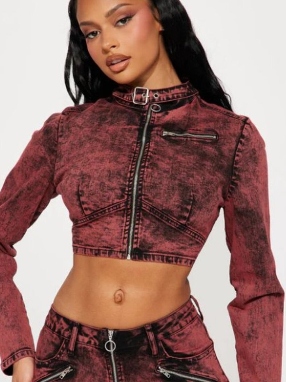 Fashion Nova Cropped Wine Moto Jacket with Distressed Wash SIZE L NEW WITH TAG